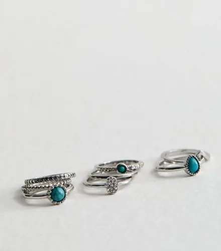 8 Pack Silver Turquoise Gem Rings New Look