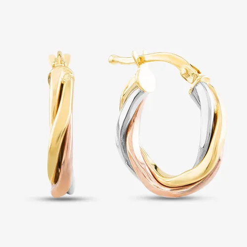 9ct Three Colour Gold 10mm Twisted Hoop Earrings ER524