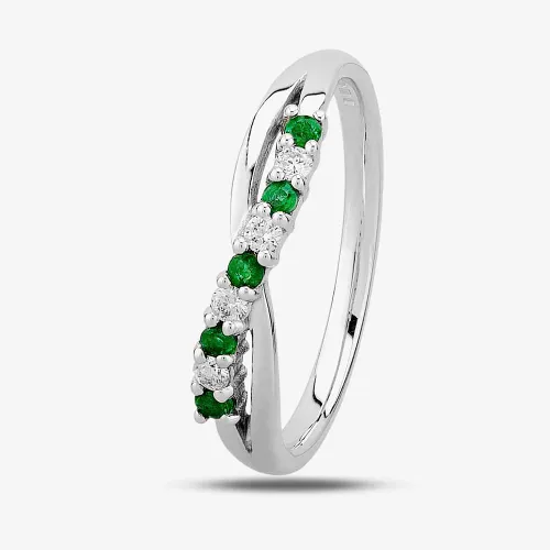 9ct White Gold Emerald and Diamond Crossover Half Eternity Ring 9052/9W/DQ1025E Q