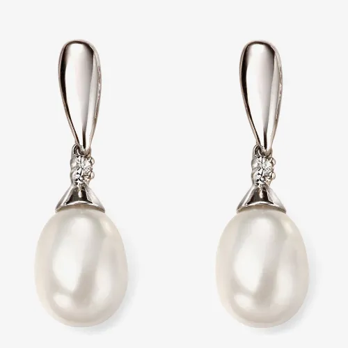 9ct White Gold Freshwater Pearl and Diamond Dropper Earrings GE2075W