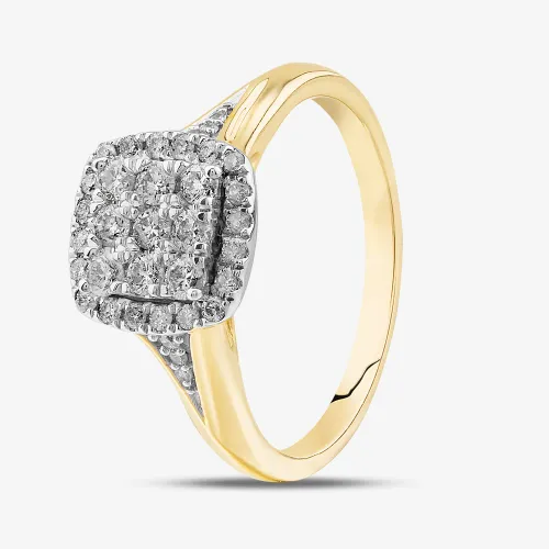 9ct Yellow Gold 0.50ct Diamond Square Shape Cluster Ring THR34325-50AN L