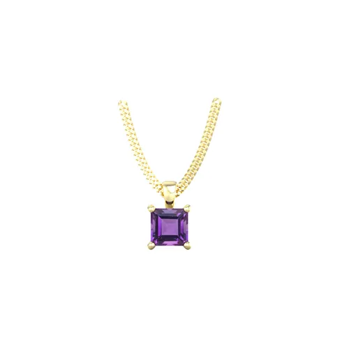 9ct Yellow Gold 4 Claw Square Amethyst 5mm x 5mm Pendant & Chain