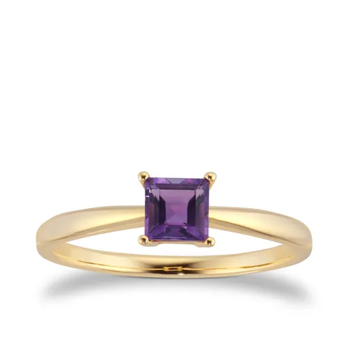 9ct Yellow Gold 4 Claw Square Amethyst 5mm x 5mm Ring- Ring Size D.5