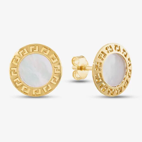 9ct Yellow Gold Mother of Pearl Grecian Key Disc Stud Earrings 1.59.0849