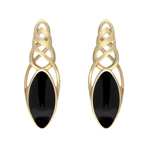 9ct Yellow Gold Whitby Jet Celtic Long Marquise Stud Earrings - Yellow Gold
