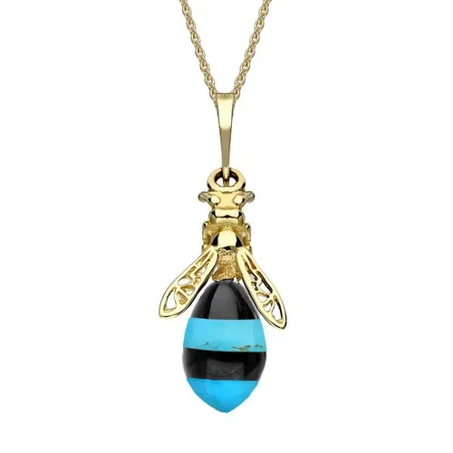 9ct Yellow Gold Whitby Jet Turquoise Bee Drop Necklace