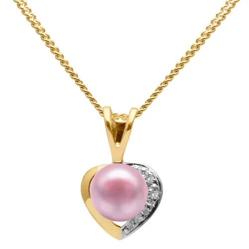 A B Davis 9ct Gold Diamond and Freshwater Pearl Heart Pendant Necklace - Pink - Female