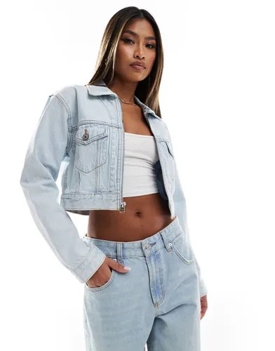 Abercrombie & Fitch cropped denim jacket with zip front in light blue