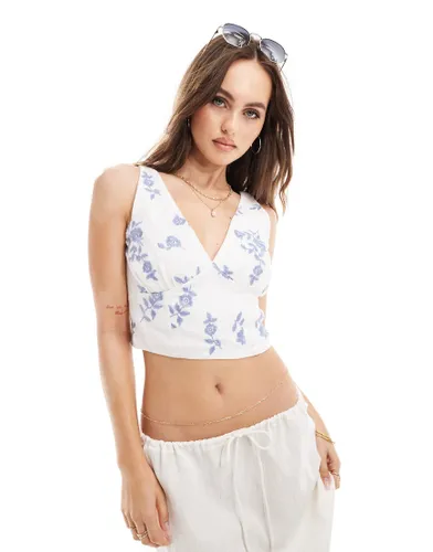 Abercrombie & Fitch plunge neck linen blend top with floral embriodery in white