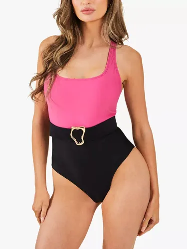 Accessorize Colour Block Belted Swimsuit, Pink/Multi - Pink/Multi - Female