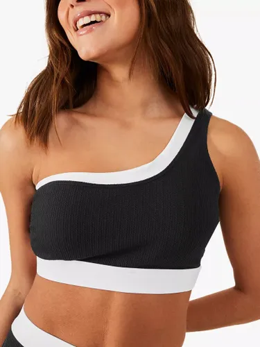 Accessorize Contrast Trim Textured One Shoulder Bikini Top, Black/White - Black/White - Female