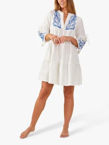 Accessorize Linen Blend Embroidered Mini Dress, White/Blue - White/Blue - Female