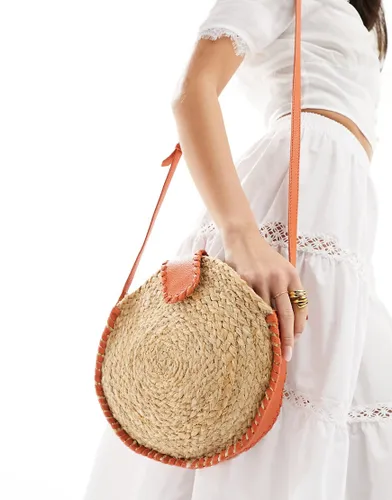 Accessorize round straw bag with orange contrast in natural-Neutral