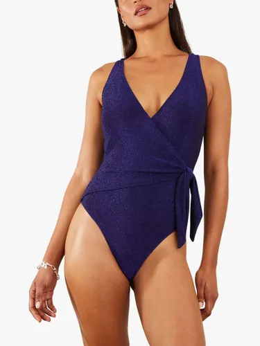 Accessorize Tie-Waist Detail Shimmer Swimsuit, Blue - Blue - Female