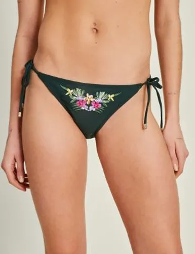 Accessorize Womens Floral Embroidered Tie Side Bikini Bottoms - 10 - Green Mix, Green Mix