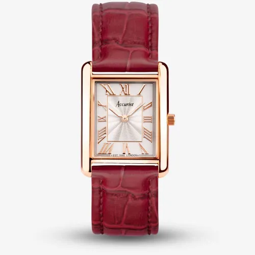 Accurist Rectangle Rose Gold & Burgundy Leather Watch 71010