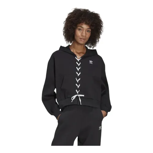 Adidas , Black Plain Hooded Sweatshirt with Laces ,Black female, Sizes: