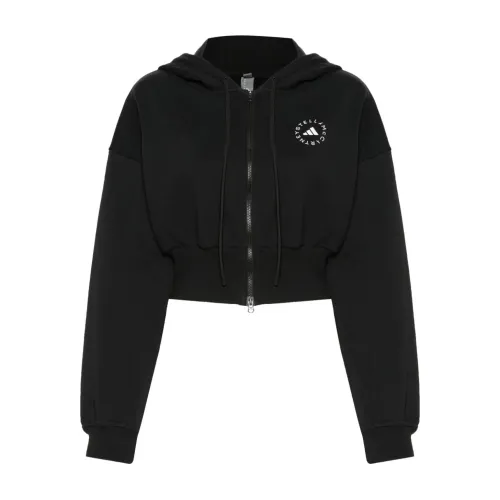 Adidas by Stella McCartney , Black Cotton Sweater with Hood and Logo Print ,Black female, Sizes: