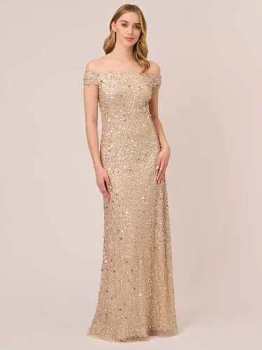 Adrianna Papell Off Shoulder Crunchy Bead Maxi Dress, Champagne - Champagne - Female