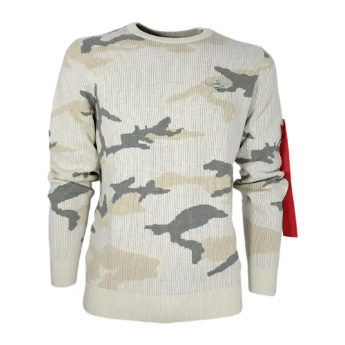 Aeronautica Militare , Mens Crew Neck Sweater with Camouflage Pattern ,Beige male, Sizes: