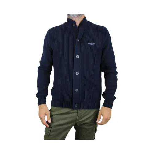 Aeronautica Militare , Navy Blue Knit Jacket with Buttons ,Blue male, Sizes: