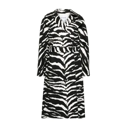 Alaïa , Animalier Print Denim Trench Coat ,Black female, Sizes: