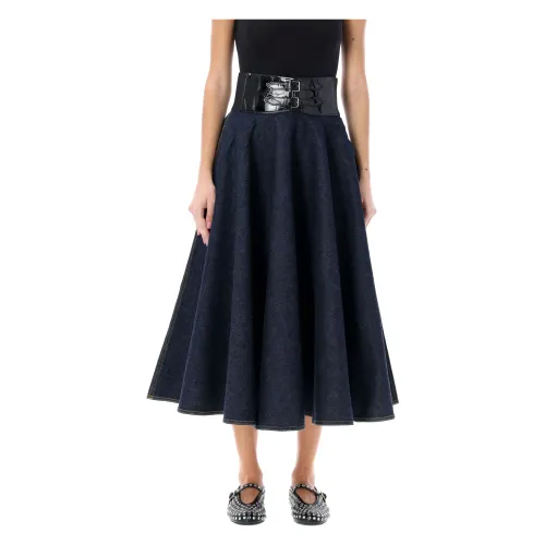 Alaïa , Denim Godet Midi Skirt Belted ,Blue female, Sizes: