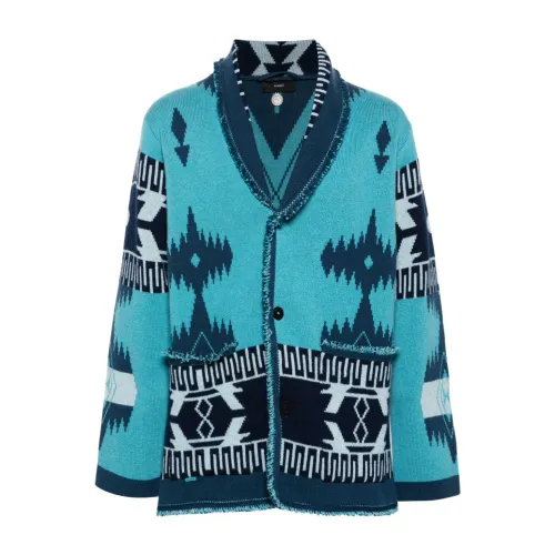Alanui , Blue Cashmere Patterned Sweater with Fringe Detailing ,Blue male, Sizes:
