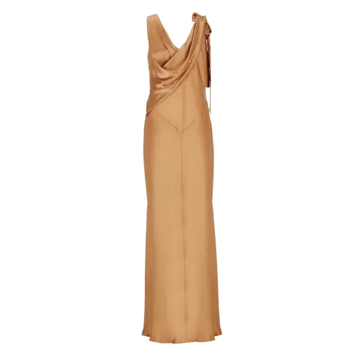 Alberta Ferretti , Brown Silk V-Neck Dress with Draping Detail ,Brown female, Sizes: