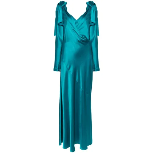 Alberta Ferretti , Emerald Green Satin Draped Dress ,Blue female, Sizes: