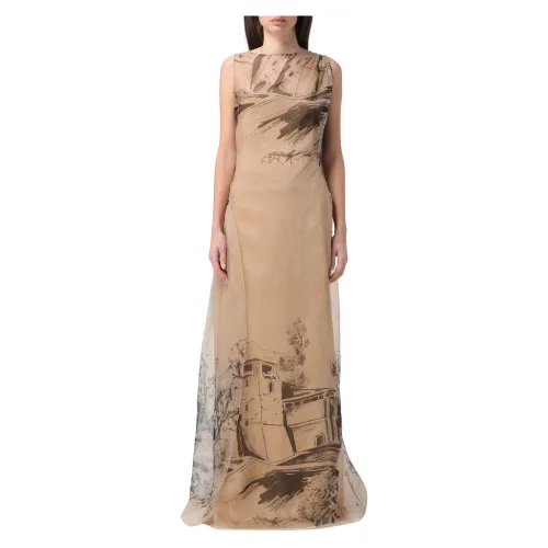 Alberta Ferretti , Printed Organza Dress ,Beige female, Sizes: