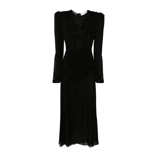 Alessandra Rich , Black Georgette Silk Long Dress with Floral Lace Detail ,Black female, Sizes: