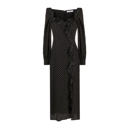Alessandra Rich , Black Polka Dot Silk Dress with Volant ,Black female, Sizes: