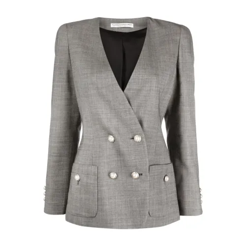 Alessandra Rich , Double Breasted Tartan Wool Jacket ,Gray female, Sizes: