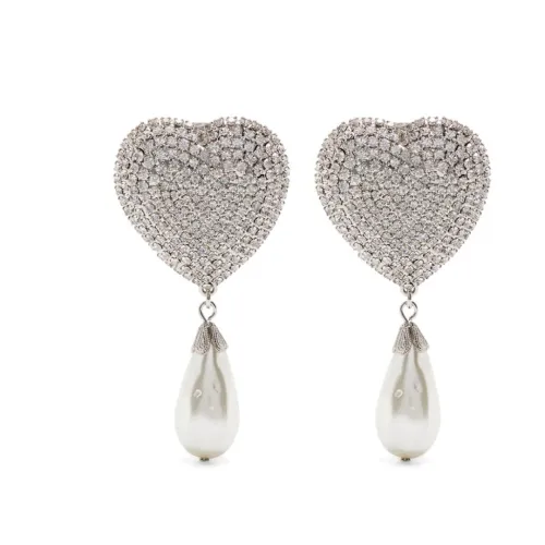 Alessandra Rich , Heart-shaped Brass Earrings with Crystals and Synthetic Pearls ,Gray female, Sizes: ONE SIZE