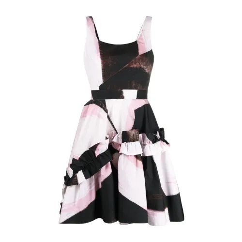 Alexander McQueen , Abstract Print Ruffle Detail Mini Dress ,Black female, Sizes: