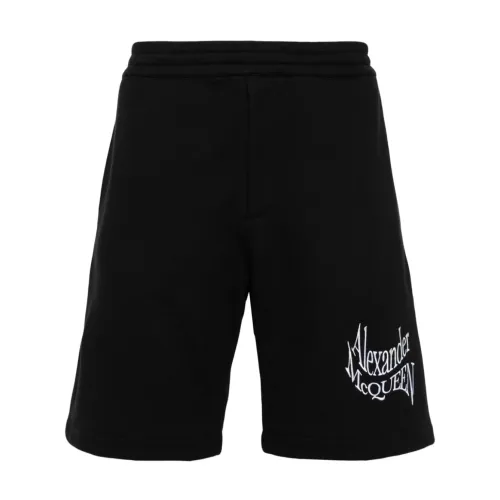 Alexander McQueen , Black Cotton Shorts with Embroidered Logo ,Black male, Sizes: