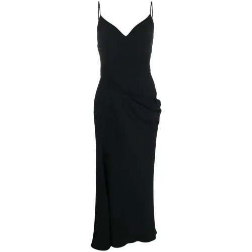 Alexander McQueen , Black Draped V-Neck Gown with Front Slit ,Black female, Sizes: