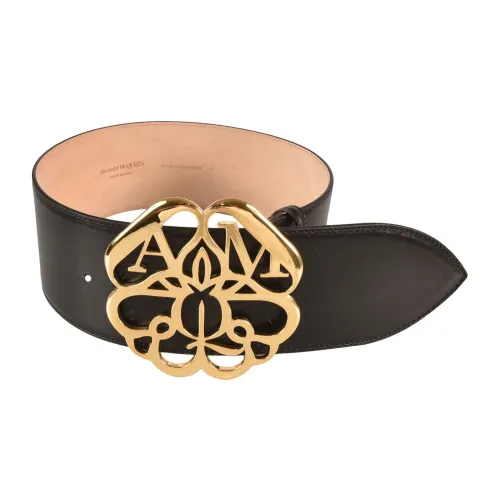 Alexander McQueen , Black Leather Belt with Gold Logo Buckle ,Black female, Sizes: