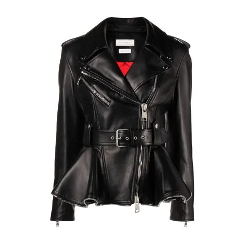 Alexander McQueen , Black Leather Biker Jacket with Removable Belt ,Black female, Sizes: