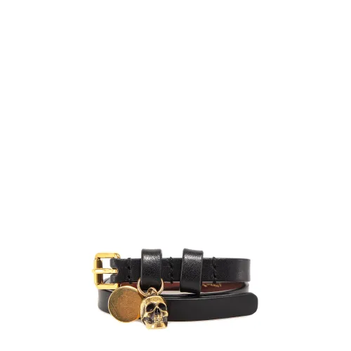 Alexander McQueen , Black Leather Bracelet with Metal Charm ,Black male, Sizes: ONE SIZE
