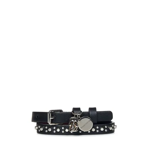 Alexander McQueen , Black Leather Double-Wrap Bracelet with Silver Studs ,Black male, Sizes: ONE SIZE