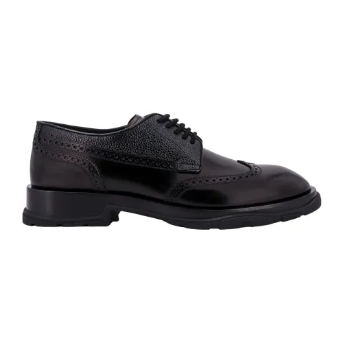Alexander McQueen , Black Leather Lace-up Shoes with Brogue Detail ,Black male, Sizes: