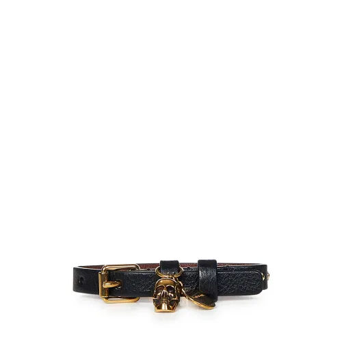 Alexander McQueen , Black Leather Skull Bracelet with Antique Gold Logo ,Black male, Sizes: ONE SIZE