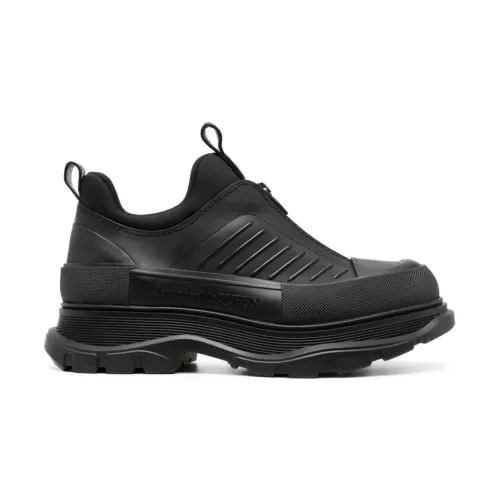 Alexander McQueen , Black Leather Zip-Up Sneakers with Embossed Logo ,Black male, Sizes: