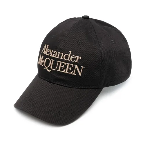 Alexander McQueen , Black Logo Embroidered Beige Cotton Hat ,Black male, Sizes: