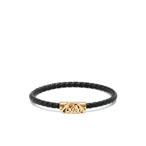 Alexander McQueen , Black Woven Leather Bracelet with Metal Accessories ,Black male, Sizes: M