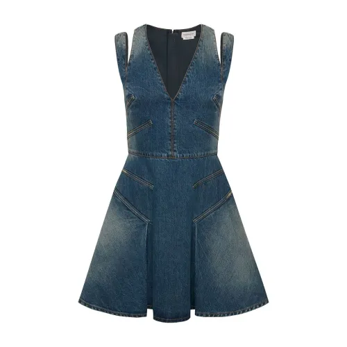 Alexander McQueen , Blue Denim Minidress with Cut-Out Detailing ,Blue female, Sizes: