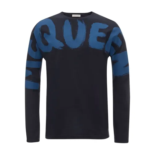 Alexander McQueen , Blue Logo Print Cotton T-shirt ,Blue male, Sizes: