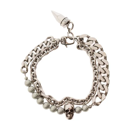 Alexander McQueen , Double-layered Chain Bracelet with Skull Charm ,Gray male, Sizes: ONE SIZE